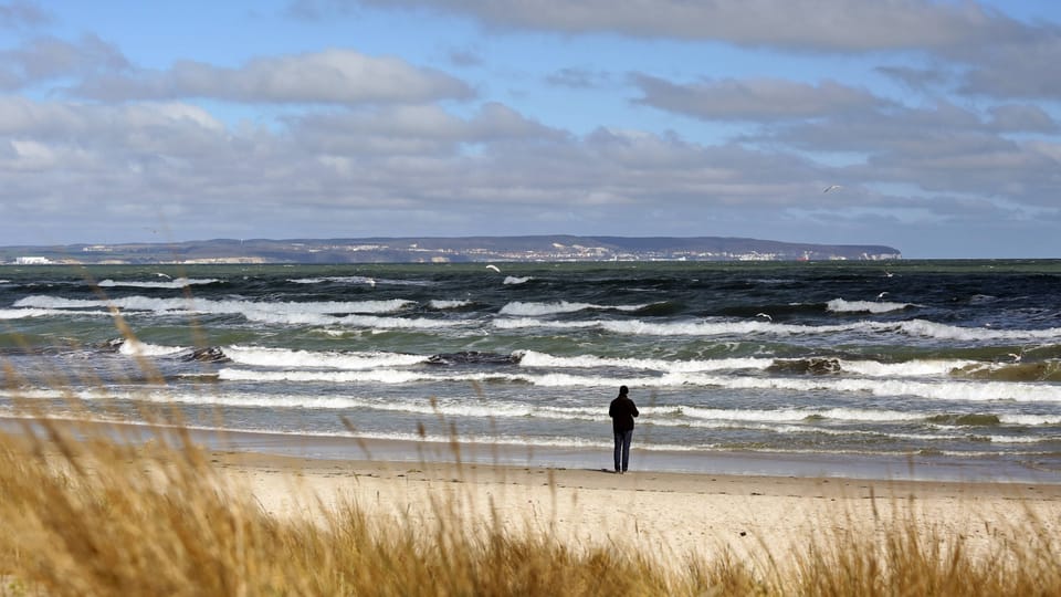 Person steht am Strand und schaut auf das Meer an einem windigen Tag.