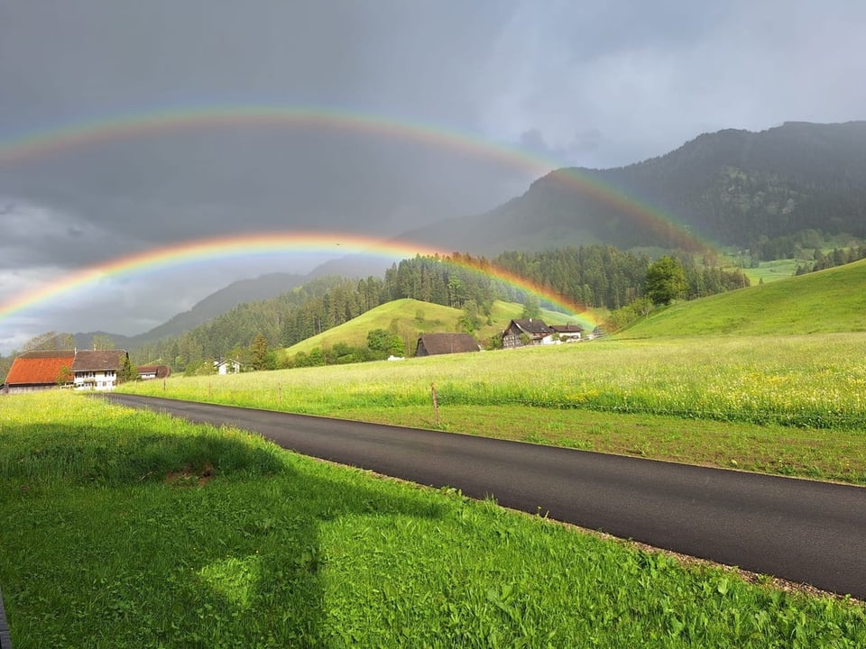 Zwei Regenbogen über grüner Landschaft mit Häusern und Bergen.