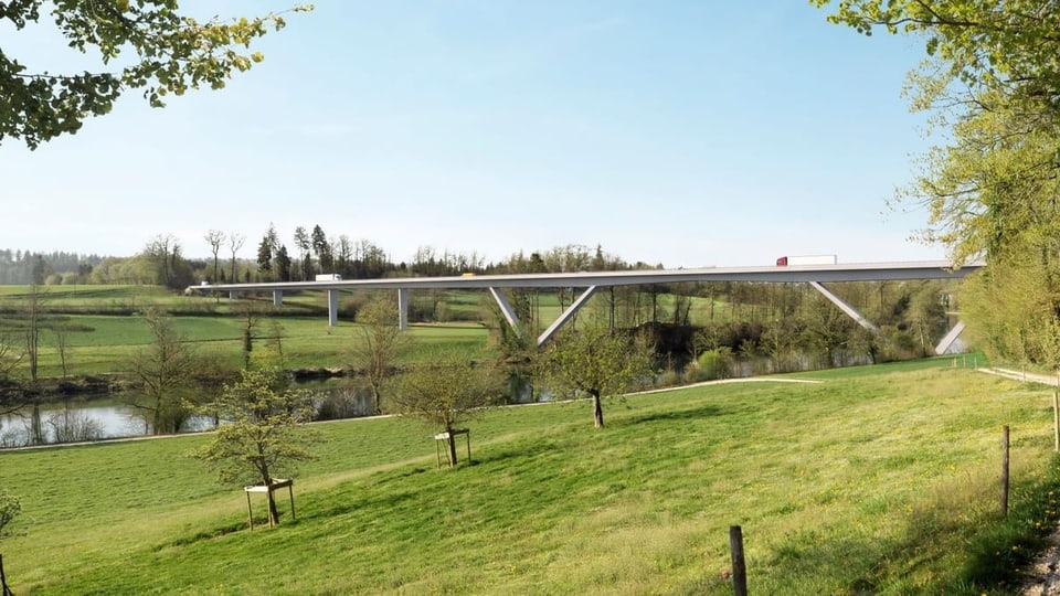 Eine lange Autobrücke führt über die Aare und durch grünes Land.