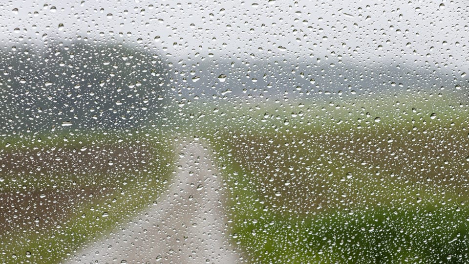Blick durch regennasses Fenster auf einen Feldweg.