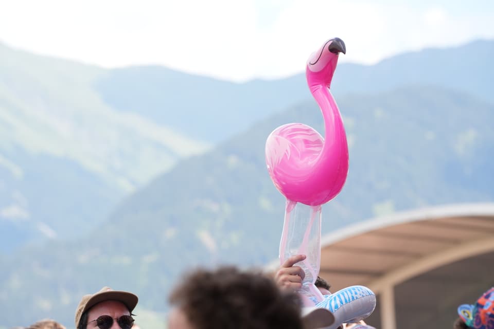 Person hält aufblasbaren Flamingo bei Outdoor-Event in Berglandschaft.