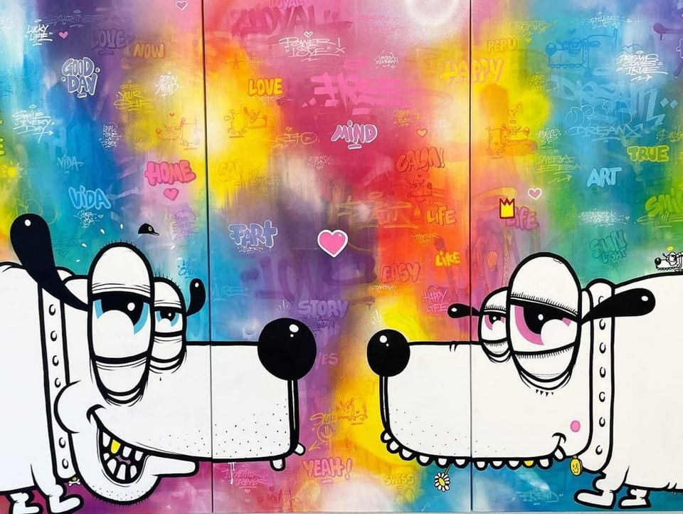 Farbiges Graffiti-Bild, zwei Hunde schauen sich verliebt an