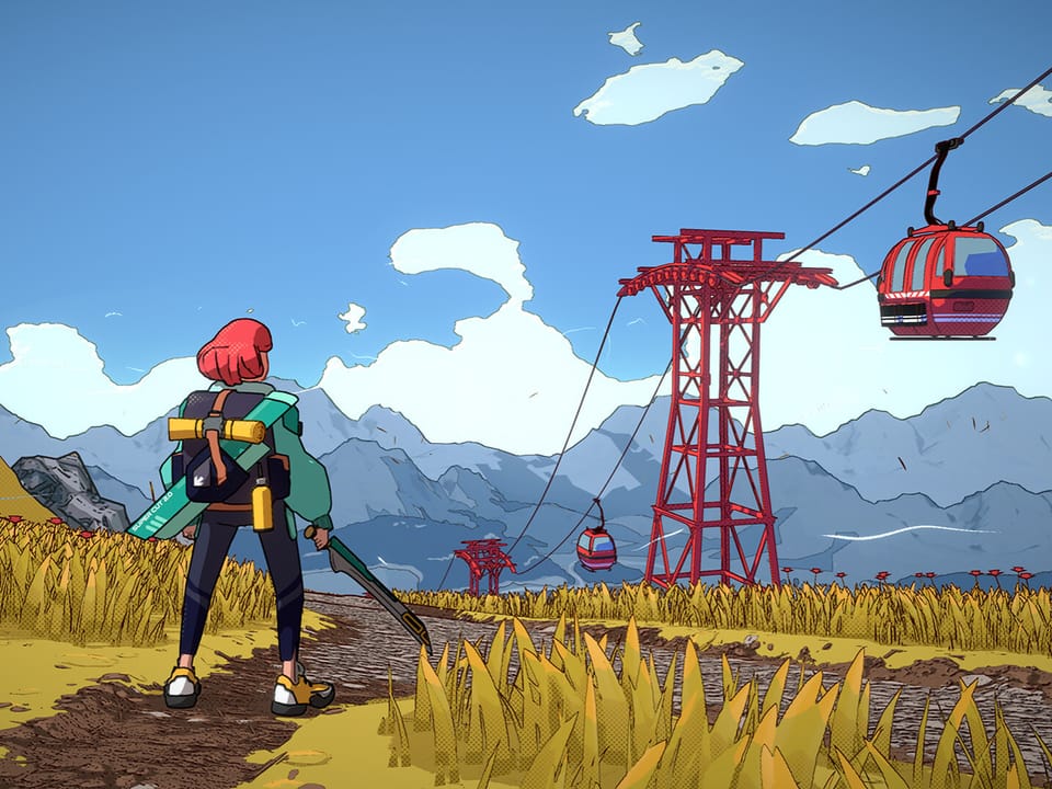 Szene aus dem Spiel: Eine junge Frau mit Ruchsack und Schwert steht in den Alpen, vor ihr rote Gondeln.