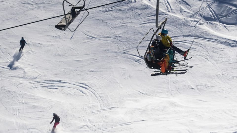 SkifahrerInnen auf dem Sessellift