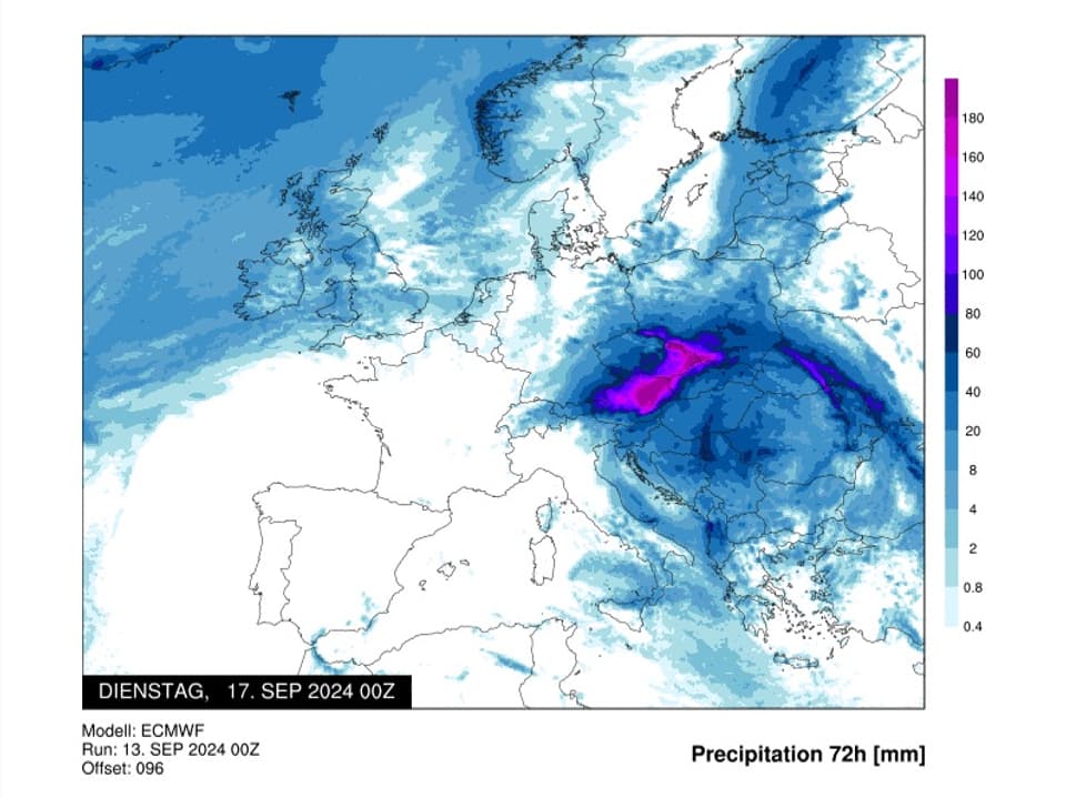 Niederschlagskarte Europas für 72 Stunden, 17. Sep 2024