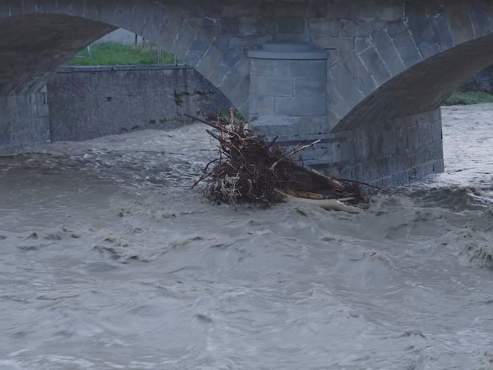 Überschwemmung unter Brücke mit treibendem Holz.