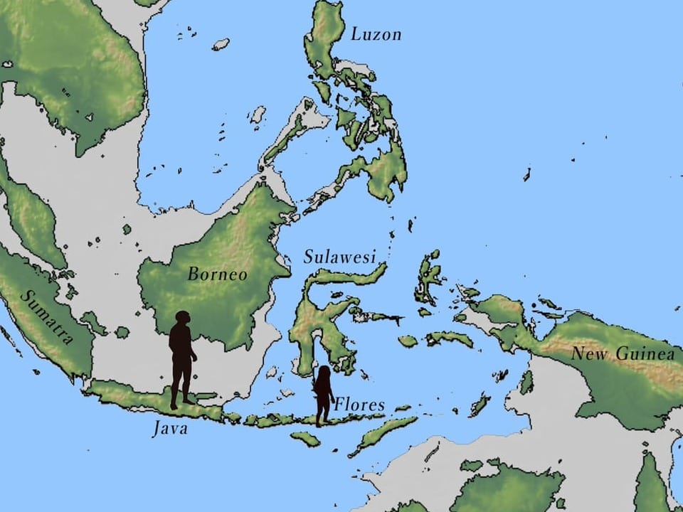 Kartenbild von Südostasien mit Silhouetten auf Java und Flores.