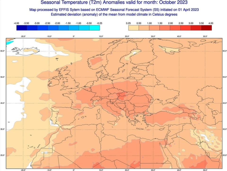 Eingefärbte Europakarte zeigt positive Temperaturabweichung 