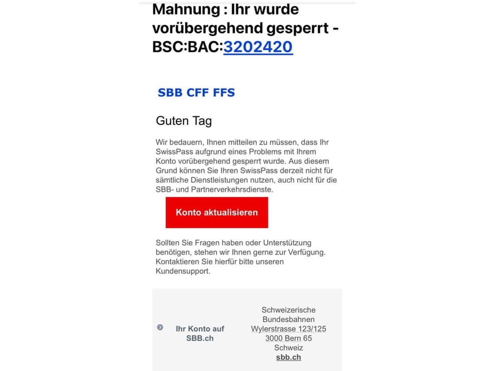 Fake E-Mail der SBB mit der Information, dass das Swisspass Konto gesperrt wurde