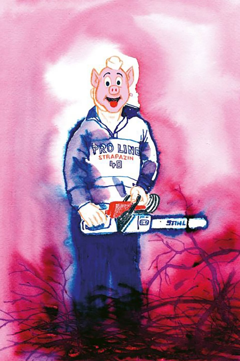 Illustration eines Schweins in einem Pro-Line-Hoodie mit einer Kettensäge.