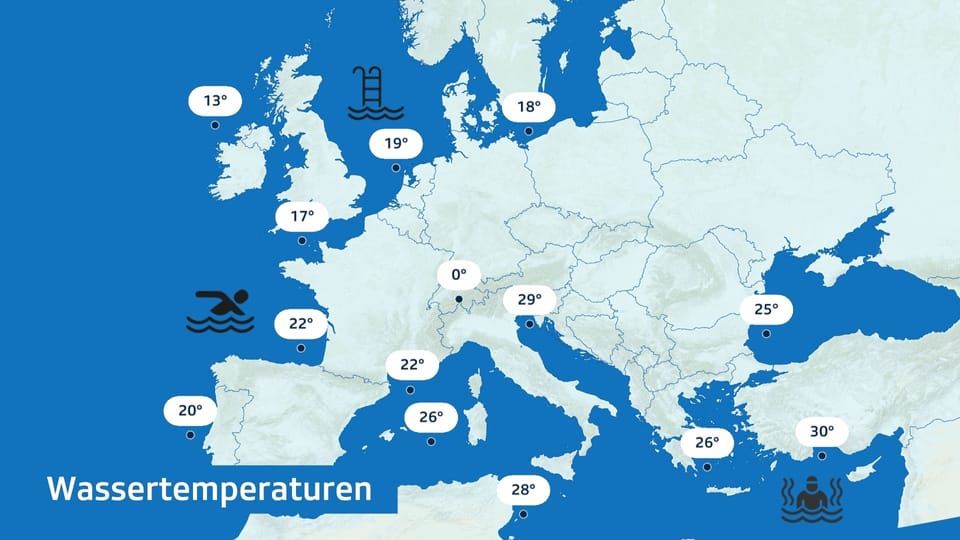 Karte Europas mit Wassertemperaturen.
