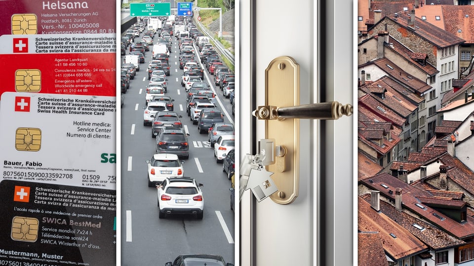 Collage von Gesundheitskarten, Autobahnverkehr, Türgriff mit Schlüssel und Dachlandschaft.