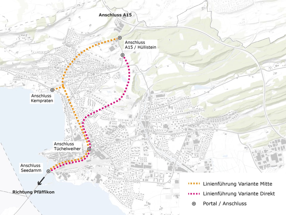 Darstellung Linienführungen Tunnelvarianten Stadt Rapperswil-Jona