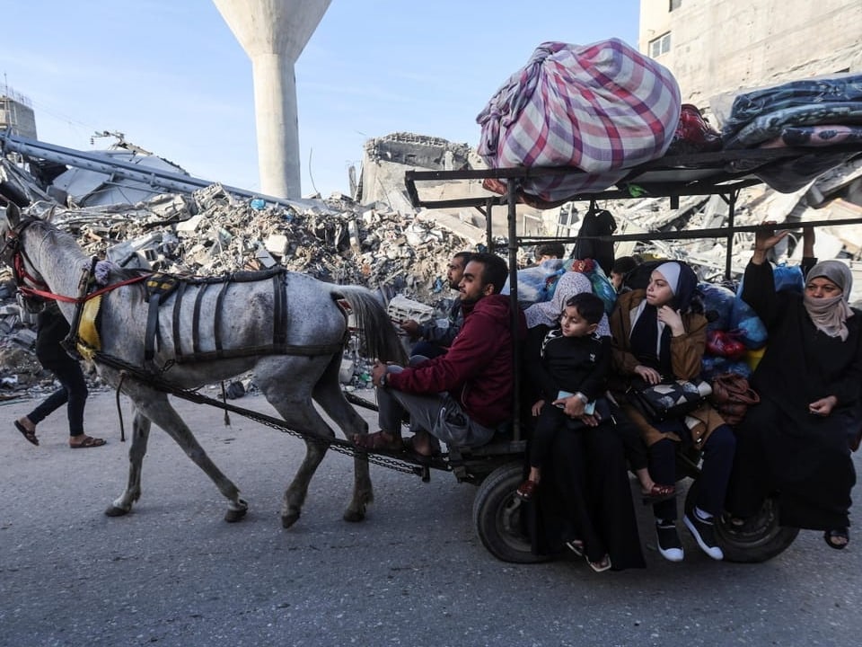 Vertriebene Palästinenser reiten auf einem Eselskarren auf dem Weg nach Hause.
