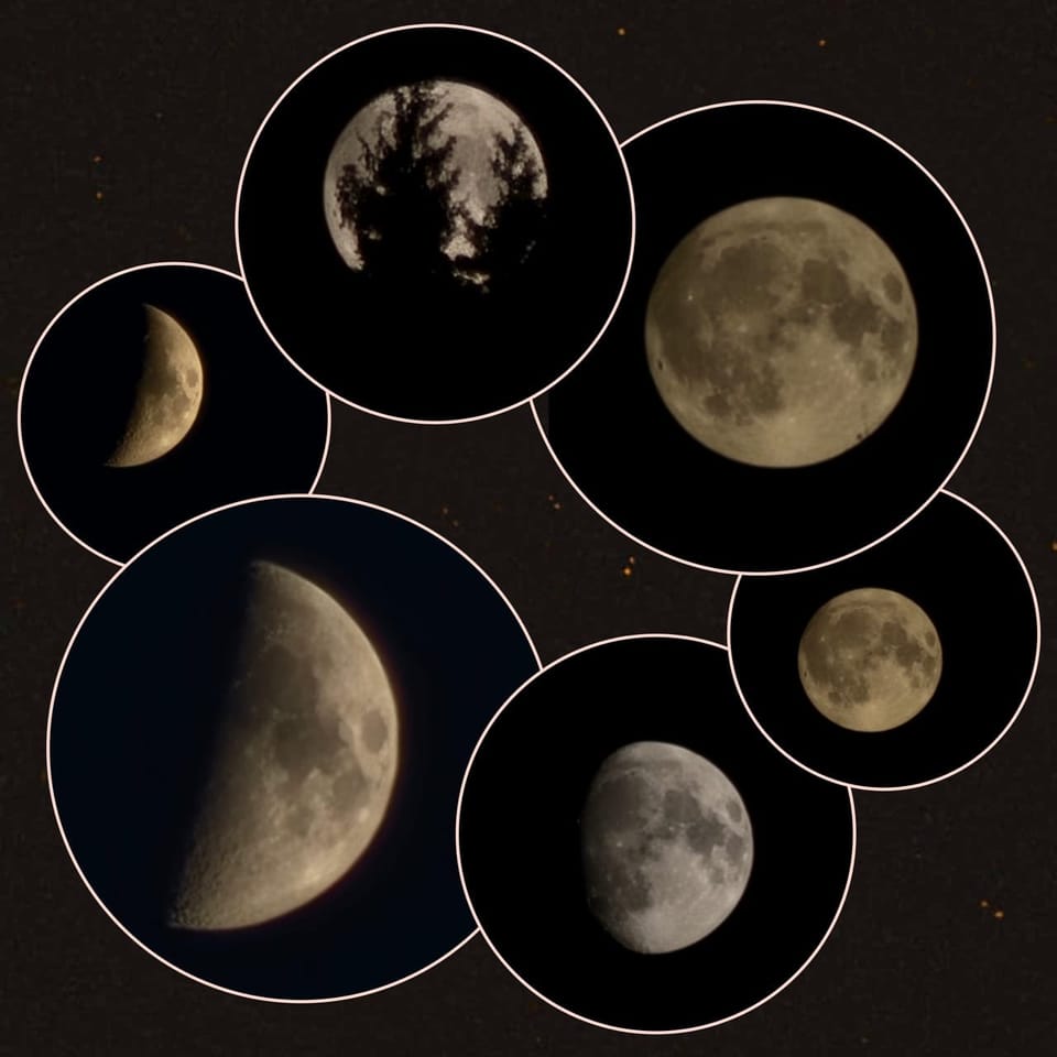 Verschiedene Mondphasen vor dunklem Hintergrund.