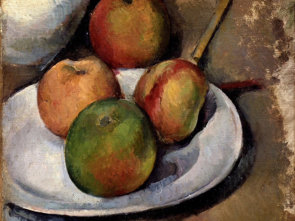 Stillleben-Bild von vier gemalten Äpfeln auf einem Teller