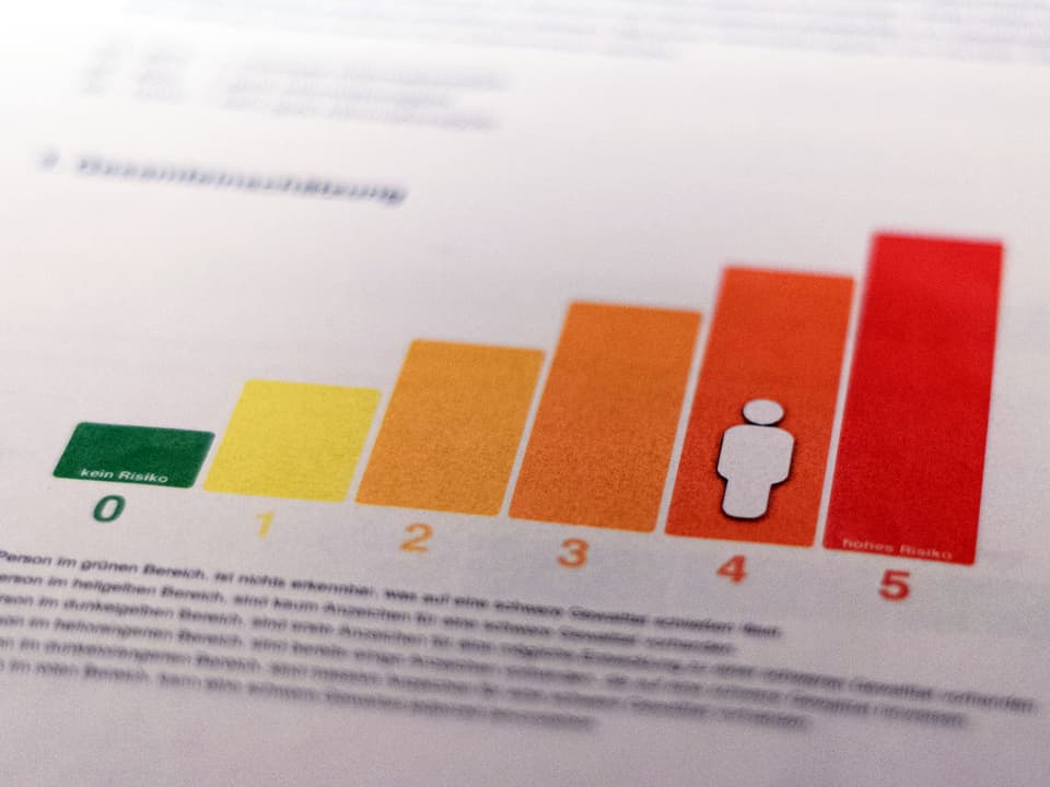 Am Schluss folgt die «Gesamteinschätzung». Hier erreicht der Gefährder die Stufe 4: «Massive Anzeichen für eine schwere Gewalttat sind vorhanden» – obwohl weniger als 10 von 39 Fragen mit «Ja» beantwortet wurden.