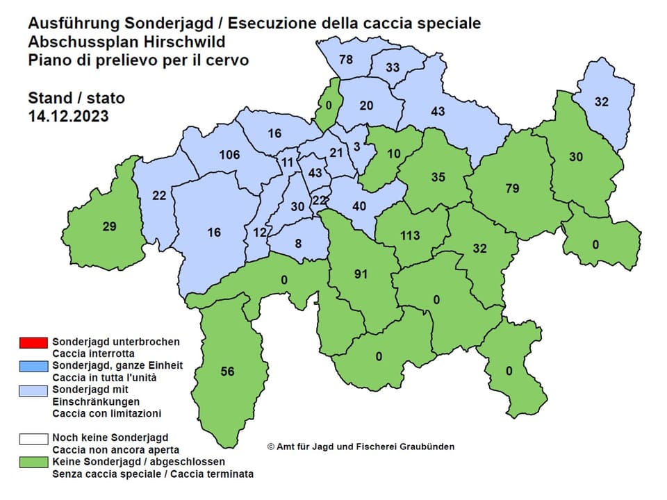 Abschusszahlen Sonderjagd Hirsch Graubünden 2023