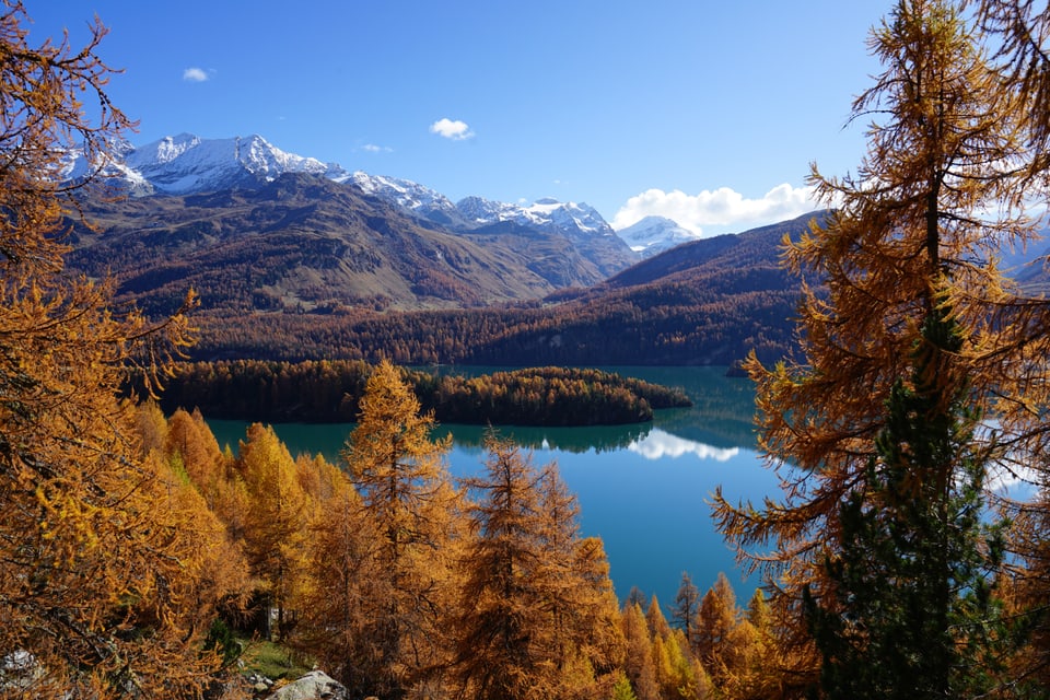 Herbstliche Berglandschaft mit See und orangefarbenen Bäumen.