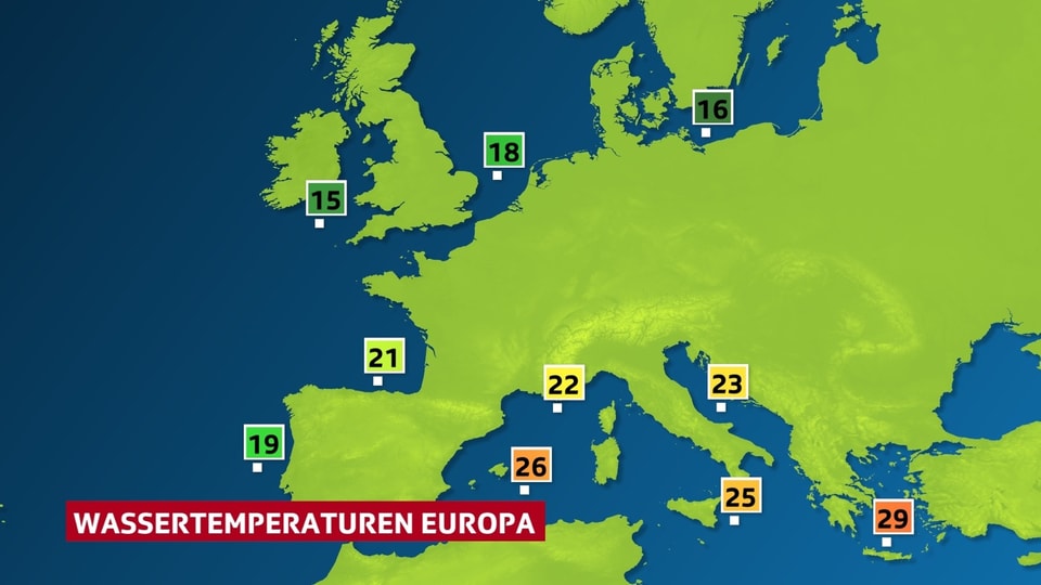Europakarte mit Wassertemperaturen an den Küsten