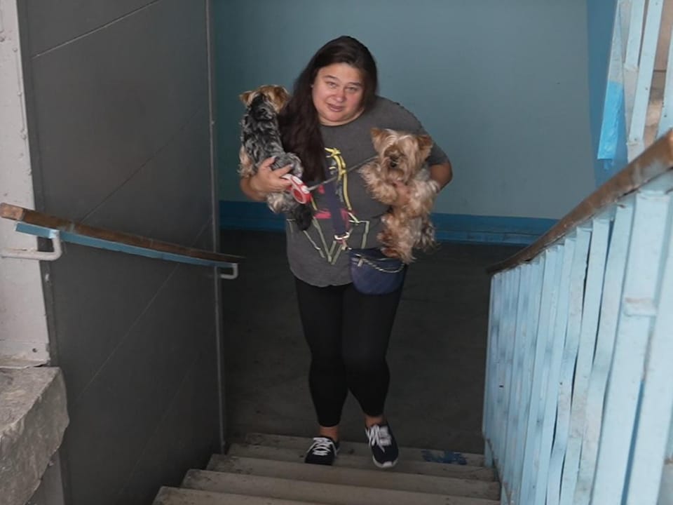 Eine Frau trägt zwei kleine Hunde in den Händen geht die Treppe hinauf.