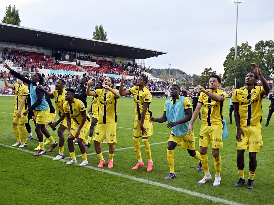 Fussballspieler im gelben Trikot jubeln auf dem Spielfeld vor den Zuschauern.