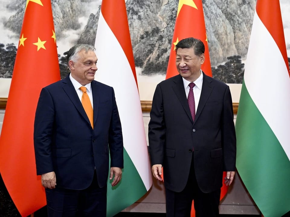 Zwei Männer in Anzügen vor einer Reihe von Nationalflaggen aus China und Ungarn.