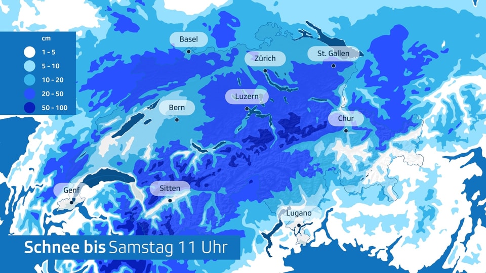 Schneefallprognosekarte Schweiz bis Samstag 11 Uhr.