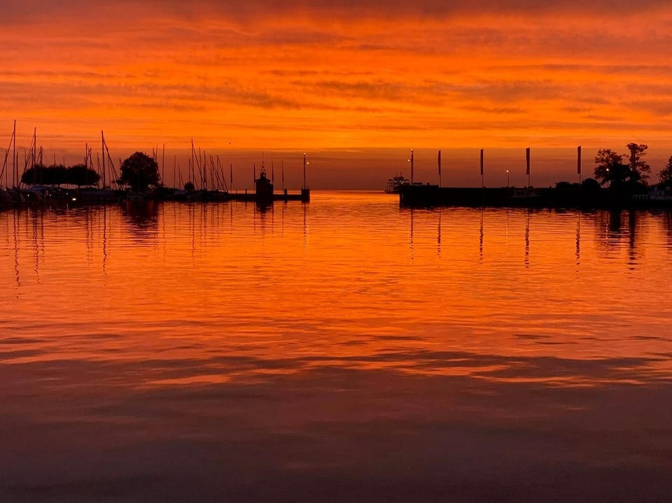 Blick über den See bei orangem Morgenlicht.