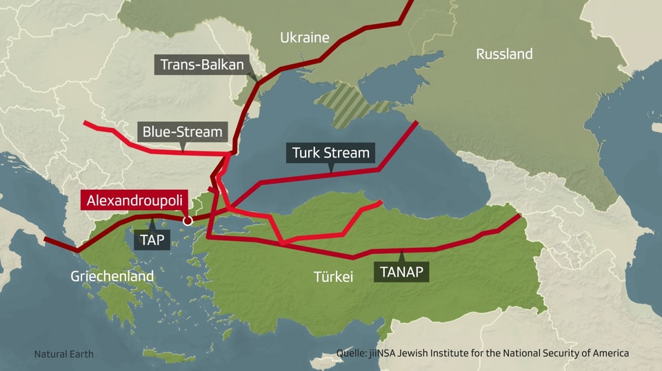 Karte mit dem Verlauf von Pipelines und der Verortung von Alexondroupoli.