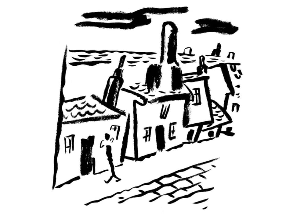 Zeichnung: Ein Mann (Kafka) spaziert durch eine Strasse. Im Hintergrund: Hausfassaden.