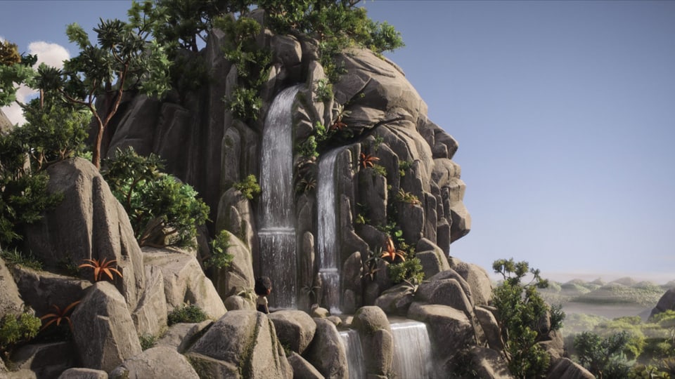 Felsen in Form eines Gesichts mit Wasserfällen und Pflanzen.
