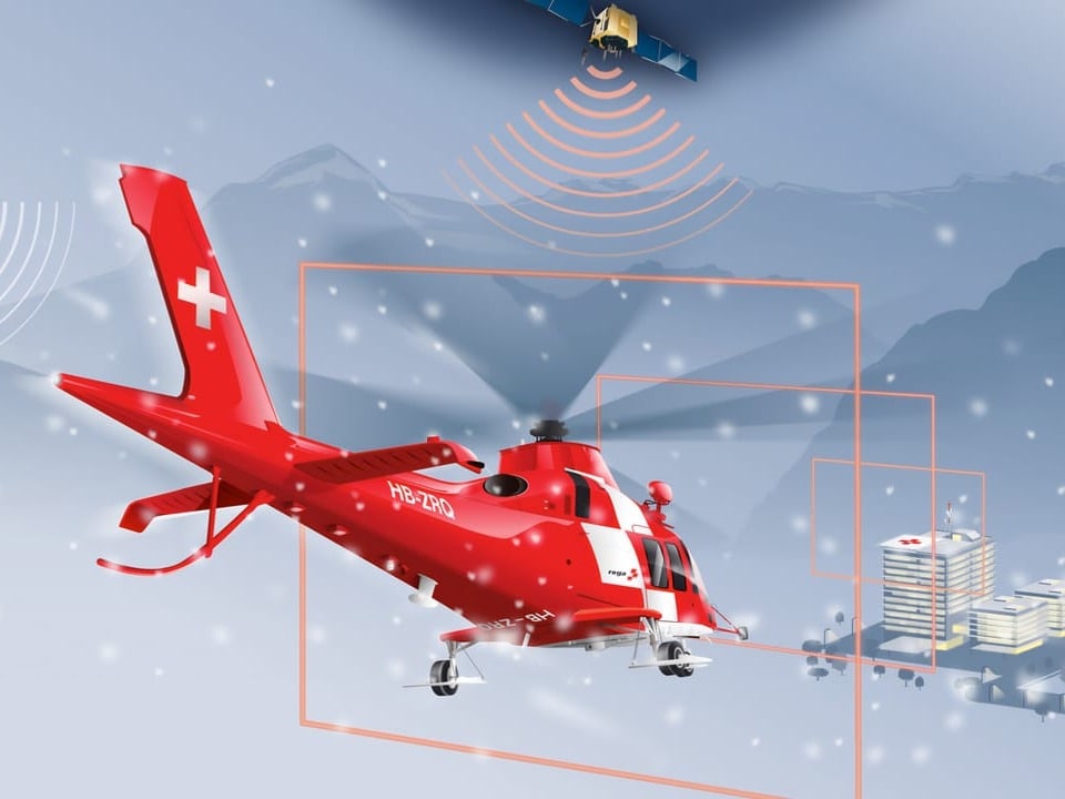 Animation eines Rega-Helikopters, der im Schneetreiben mit Hilfe von Signalen zum Spital geleitet wird.