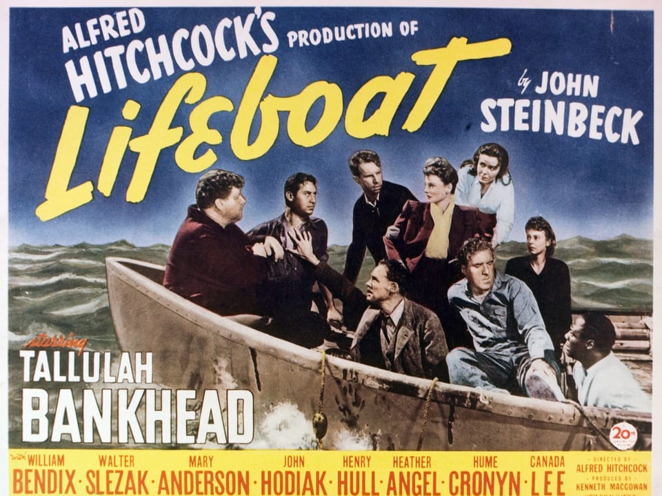 Filmplakat von Alfred Hitchcocks Produktion von 'Lifeboat' mit Schauspielern auf einem Rettungsboot.