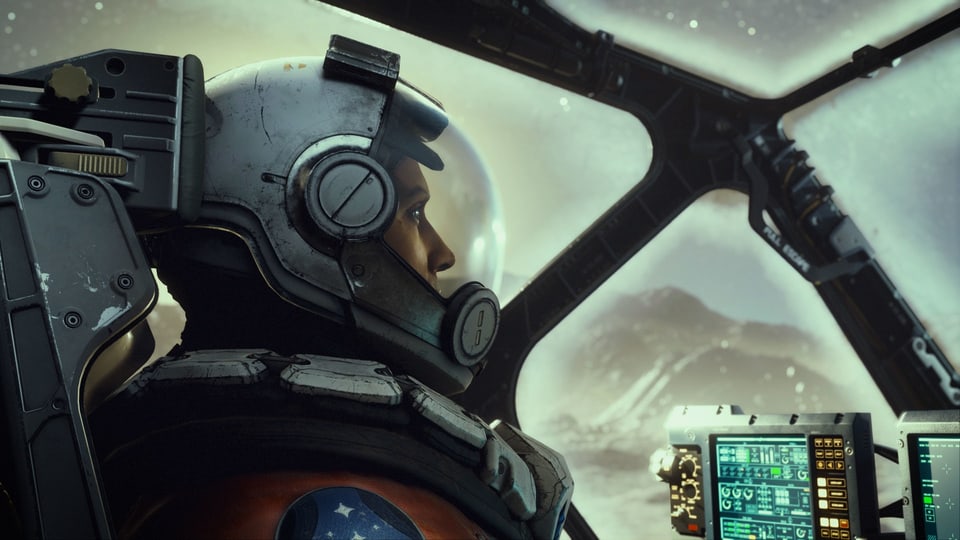 Videospiel-Screenshot, Person in Profilansicht sitzt in einem Raumschiff und trägt einen Raumanzug, rechts Steueranzeige