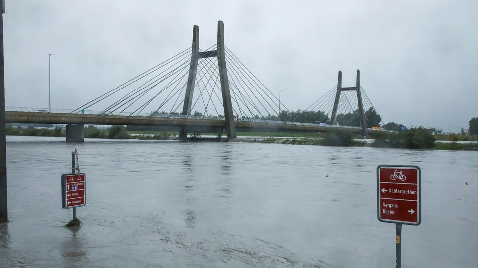 Die Wassermassen reichen fast bis zur Rheinbrücke.