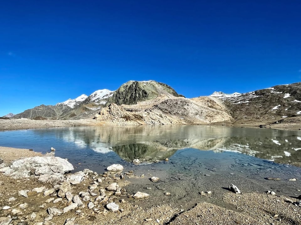 Bergsee mit schneebedeckten Gipfeln im Hintergrund.