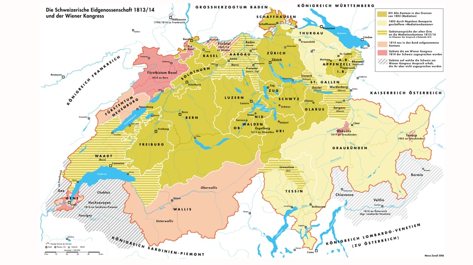 Überblick über die Veränderungen der Schweizer Eidgenossenschaft durch den Wiener Kongress von 1814.