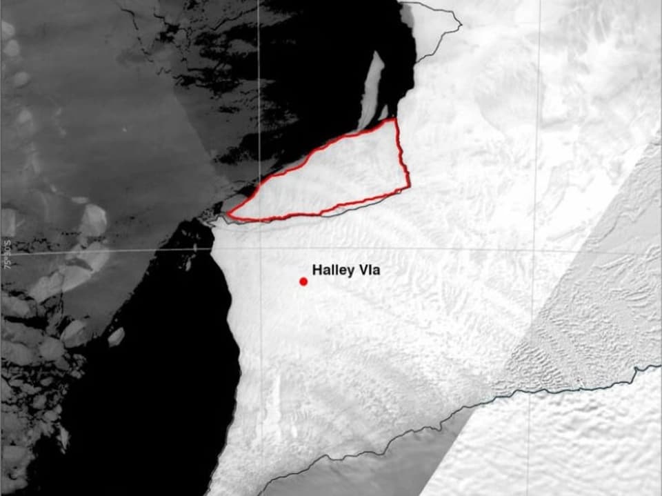 Satellitenbild zeigt Halley VIa und ein Gebiet in rot umrahmt.