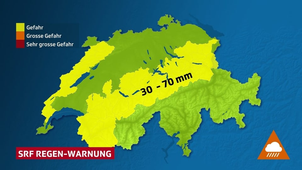 Schweizer Karte mit gelb eingefärbten Regionen für Regenwarnung.
