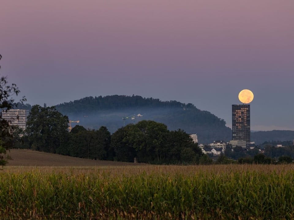 Landschaft mit Vollmond über einem Turm im Abenddämmerung.