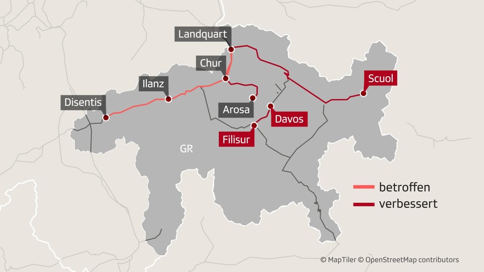 Eine Karte Graubündens mit den Zuglinien eingezeichnet