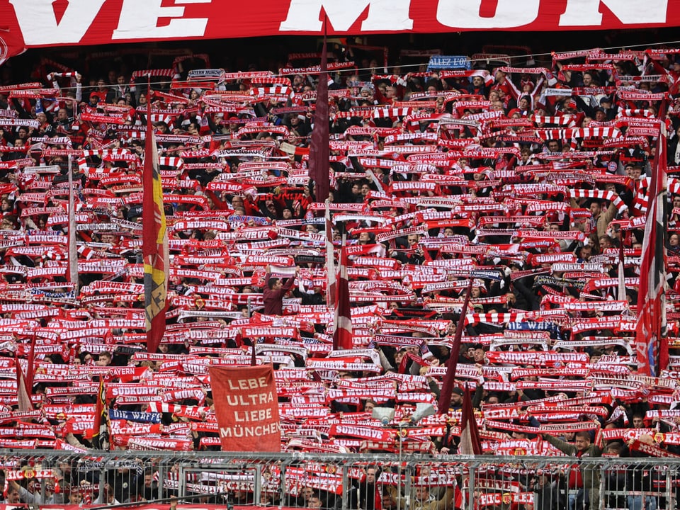 Fussballfans halten rote Schals im Stadion hoch.