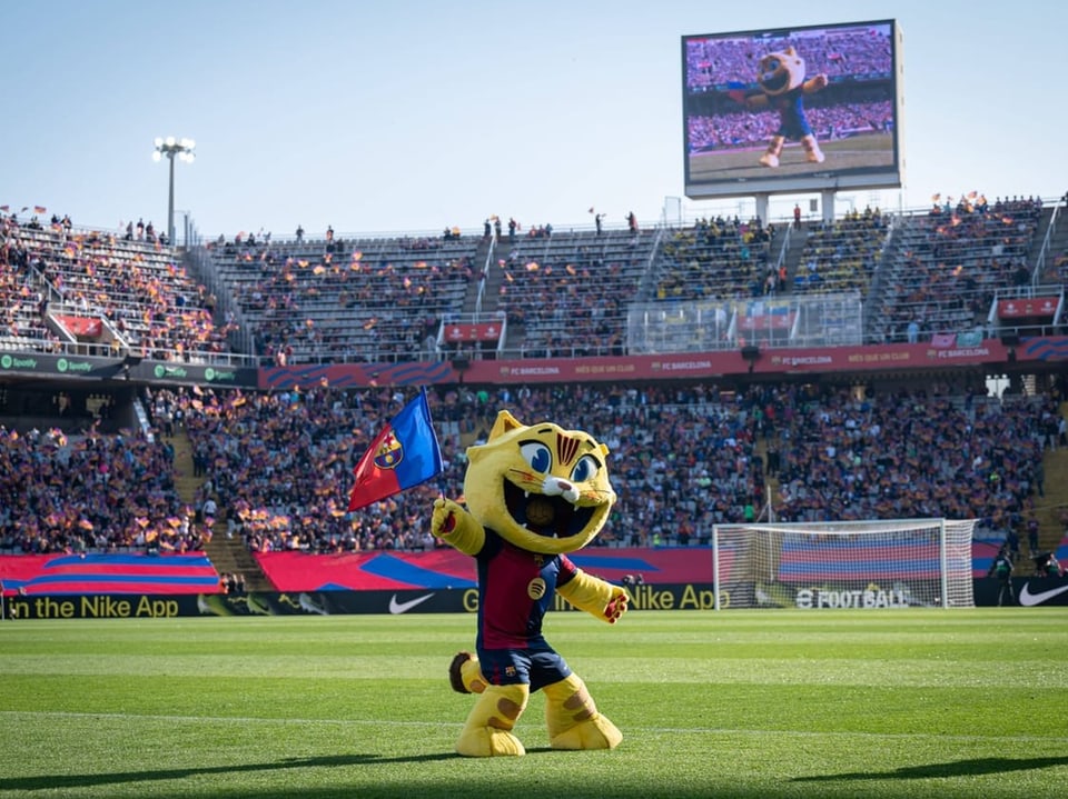 Maskottchen mit Flagge im Fussballstadion vor vollen Rängen.