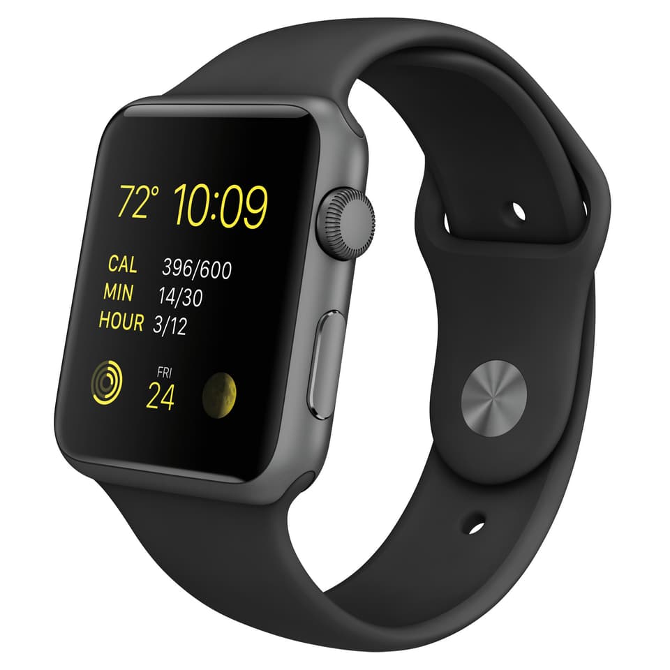 Die Apple Watch Sport in grauem Alu mit schwarzem Plastik-Armband.