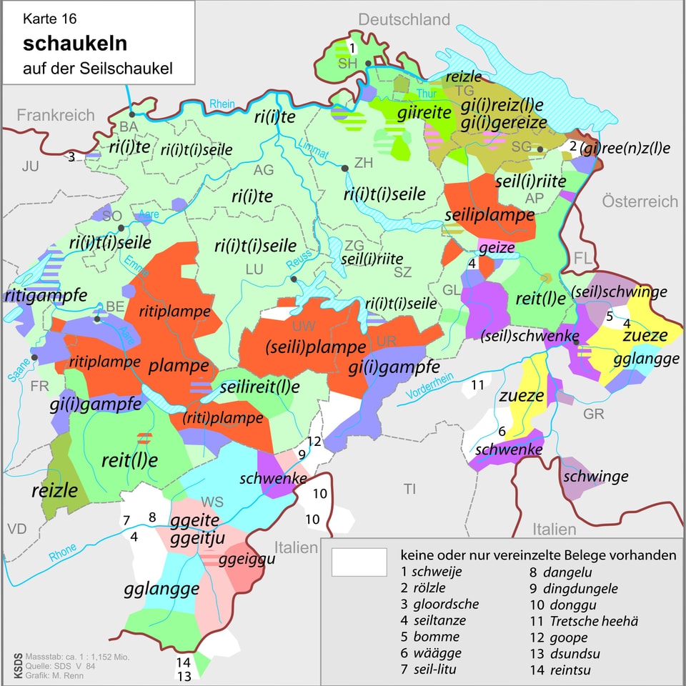 Eine Dialektkarte der Deutschschweiz mit Varianten für 'seilschaukeln' und entsprechend eingefärbten Gebieten.