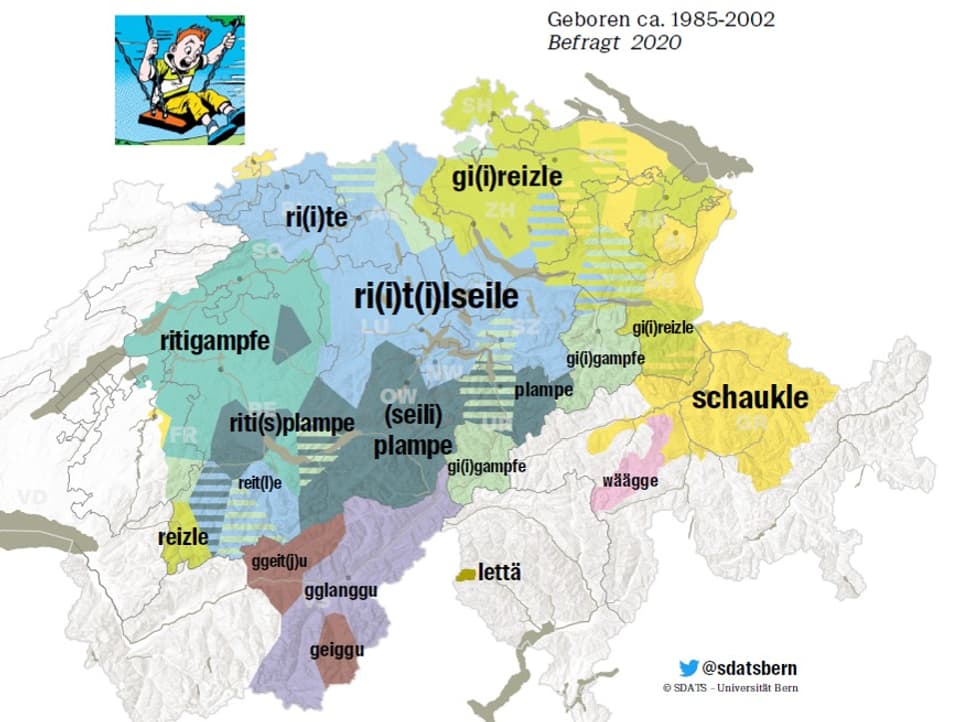 Eine Dialektkarte der Deutschschweiz mit Varianten für 'seilschaukeln' mit entsprechend eingefärbten Gebieten.