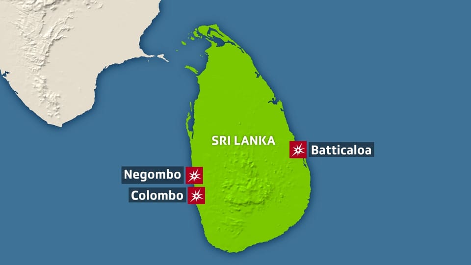 Grafik. Karte von Sri Lanka, drei Städte sind eingezeichnet.