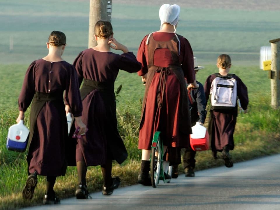 Amische gehen einer Strasse entlang.