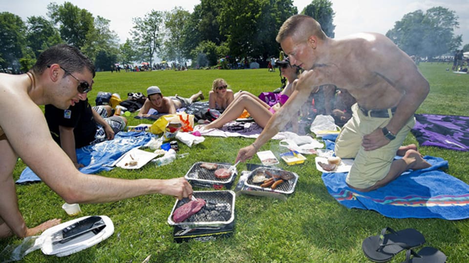 Junge Leute liegen auf einer Wiese und grillieren mit Einweggrills